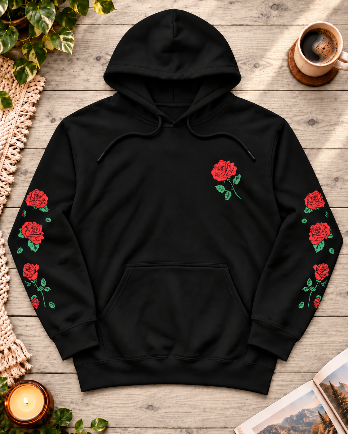 REBELO crimson roses black hoodie front with red chest rose and floral prints along both sleeves