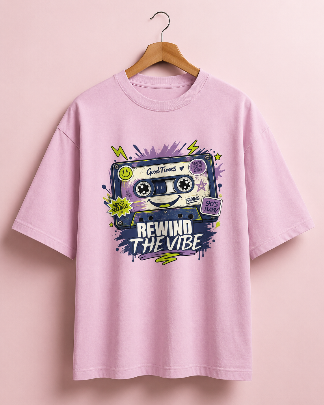 Rewind the Vibe light baby pink oversized T-shirt hero image by REBELO