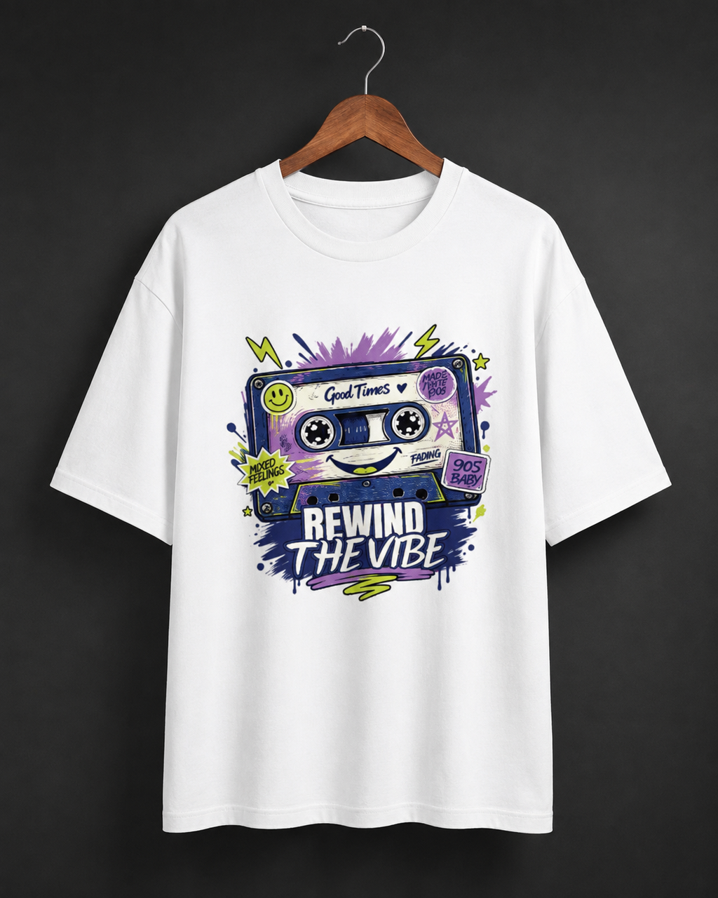 Rewind the Vibe white oversized T-shirt hero image by REBELO