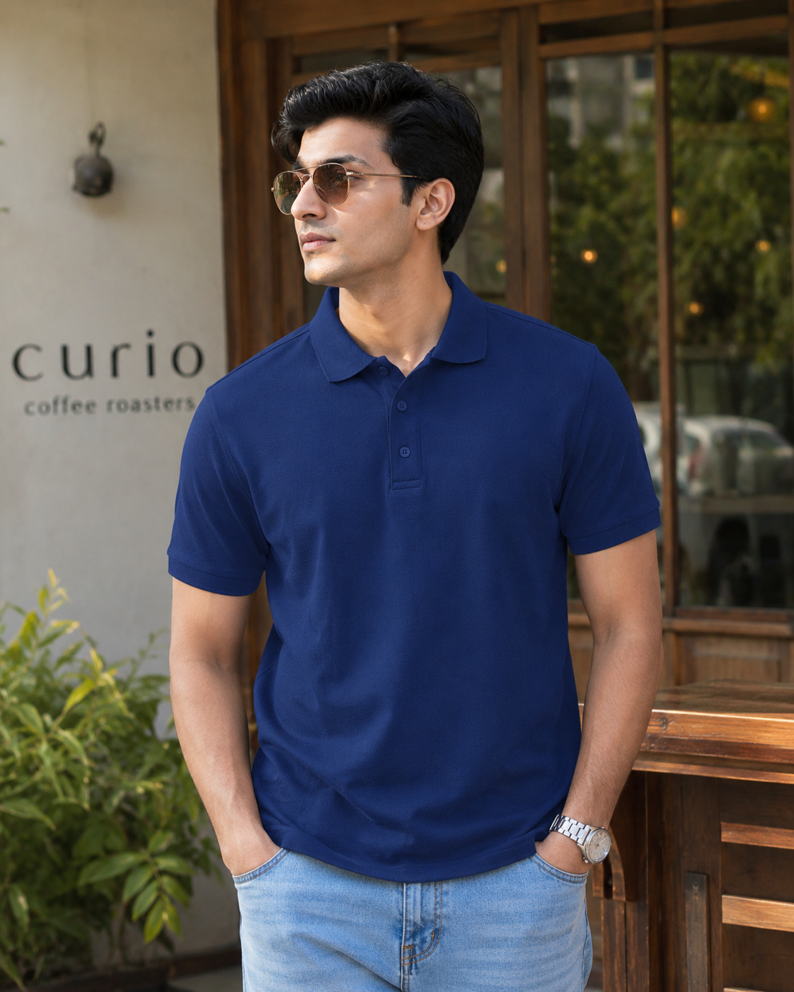 Royal Blue Men's Cotton Polo T-Shirt – casual lifestyle model image