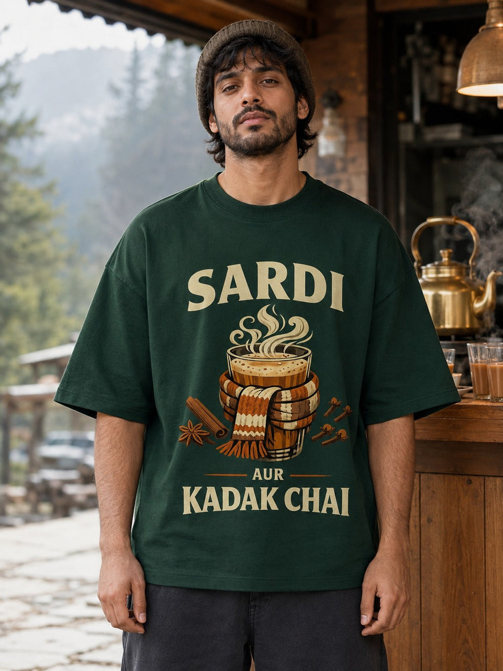 Sardi Aur Kadak Chai bottle green oversized T-shirt by REBELO