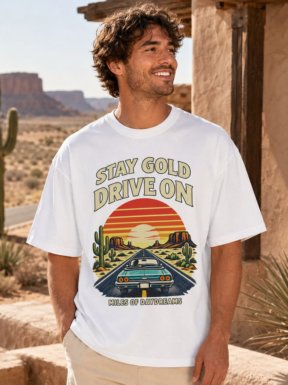 Stay Gold Drive On Oversized Graphic T-Shirt