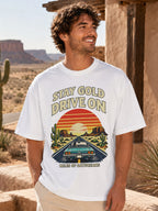 Model wearing Stay Gold Drive On oversized T-shirt in white