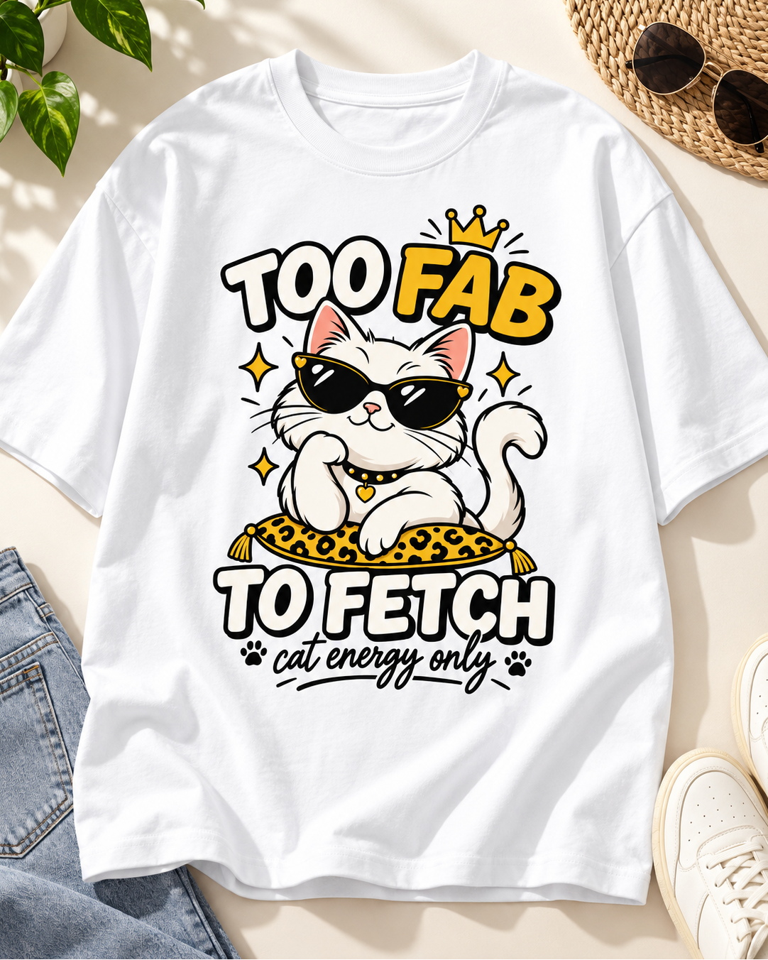 Too Fab to Fetch Cat Lover Oversized Graphic T-Shirt