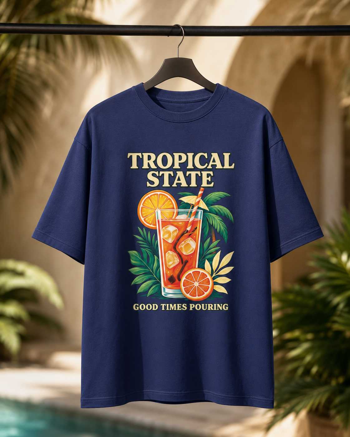 REBELO Tropical State royal blue oversized graphic T-shirt on hanger