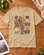Beige regular fit crew neck T-shirt with vintage wildflower bouquet print