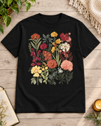 Black regular fit crew neck T-shirt with vintage wildflower bouquet print