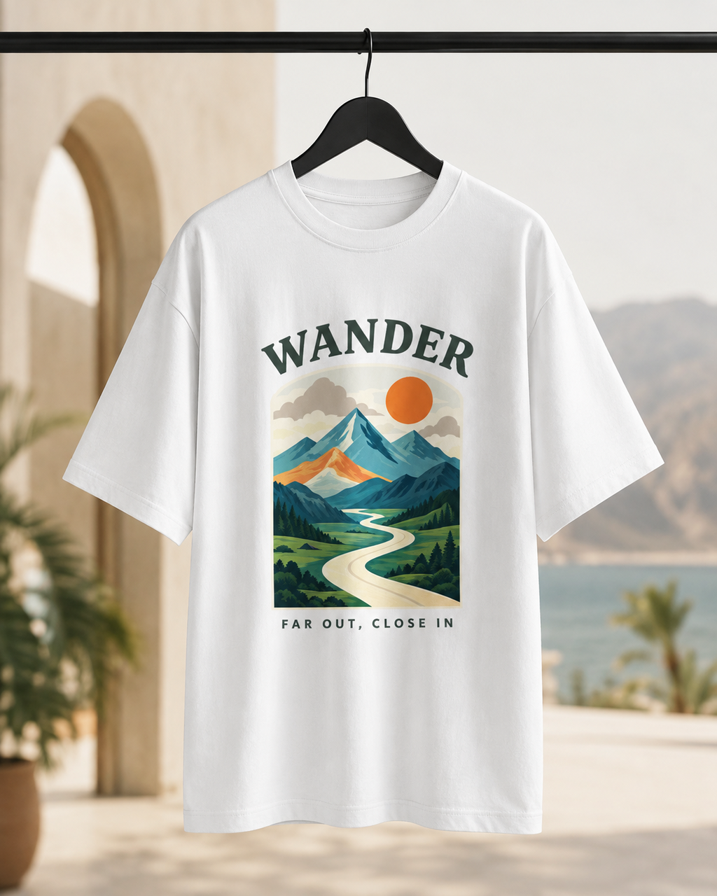 REBELO Wander white oversized graphic T-shirt on hanger