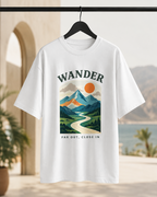 REBELO Wander white oversized graphic T-shirt on hanger