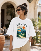 Woman wearing REBELO Wander white oversized graphic T-shirt