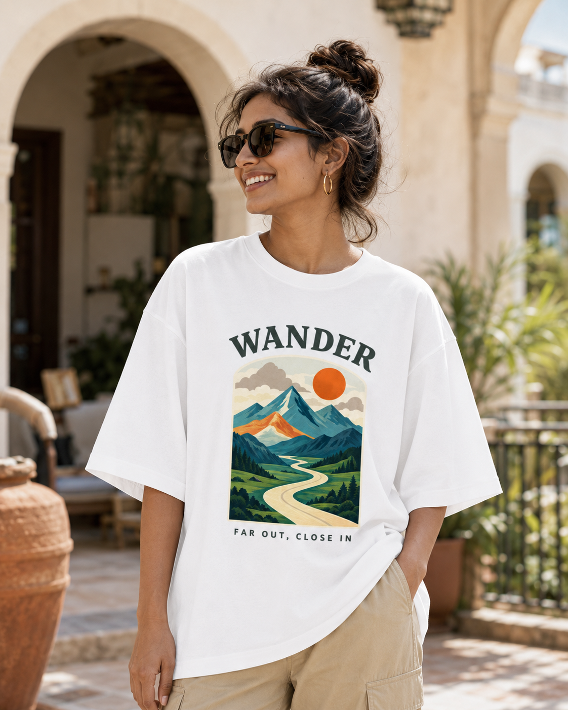 Woman wearing REBELO Wander white oversized graphic T-shirt