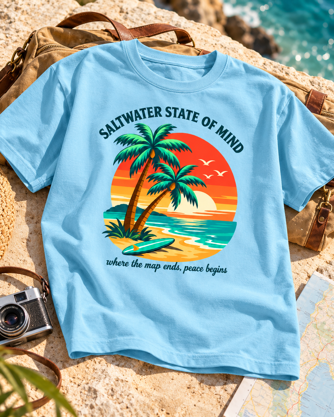 Baby blue Saltwater State of Mind graphic T-shirt on a travel bag — REBELO travel collection