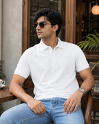 White Men's Cotton Polo T-Shirt – casual lifestyle model image