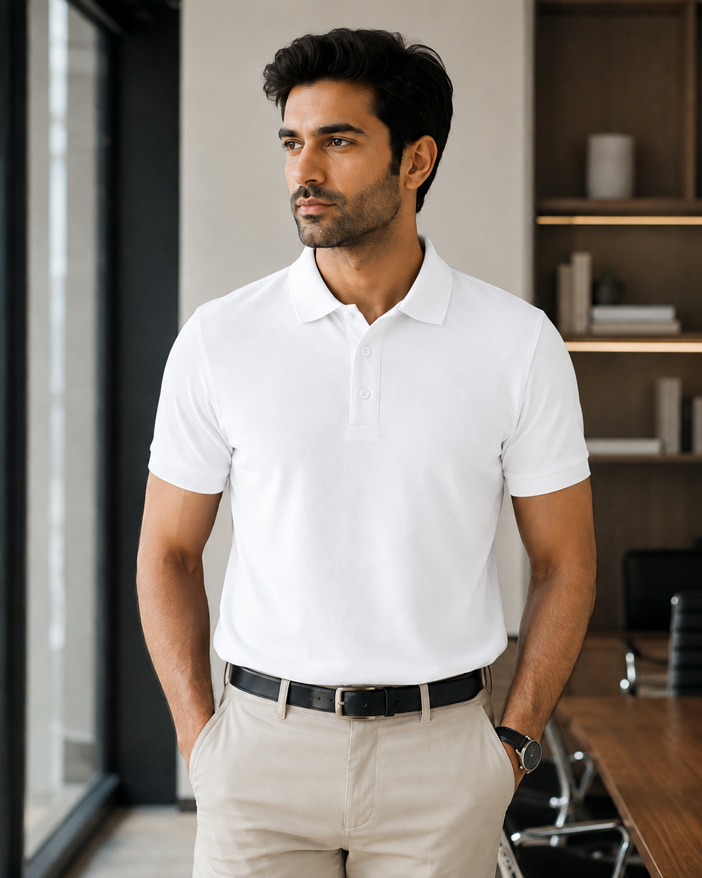 White Men's Cotton Polo T-Shirt – smart office lifestyle model image