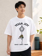 Model wearing Yoga Joy oversized T-shirt in white