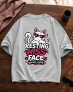Resting Hiss Face cat lover oversized T-shirt in grey, flat lay