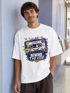 Model wearing Rewind the Vibe oversized T-shirt in White