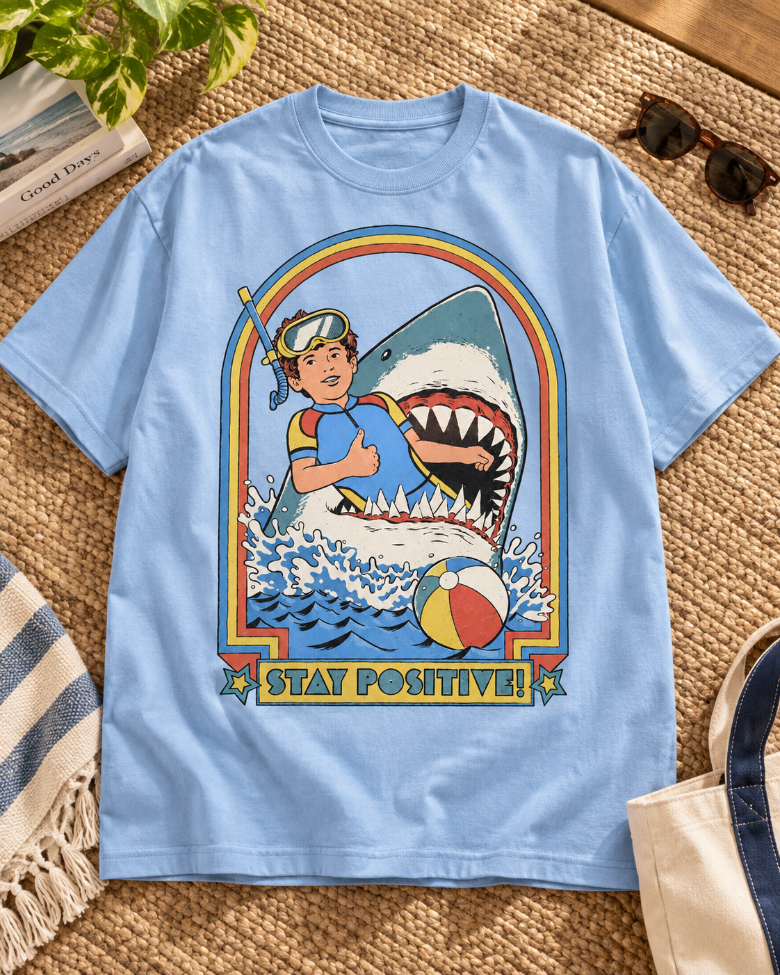 Stay Positive baby blue shark graphic oversized T-shirt