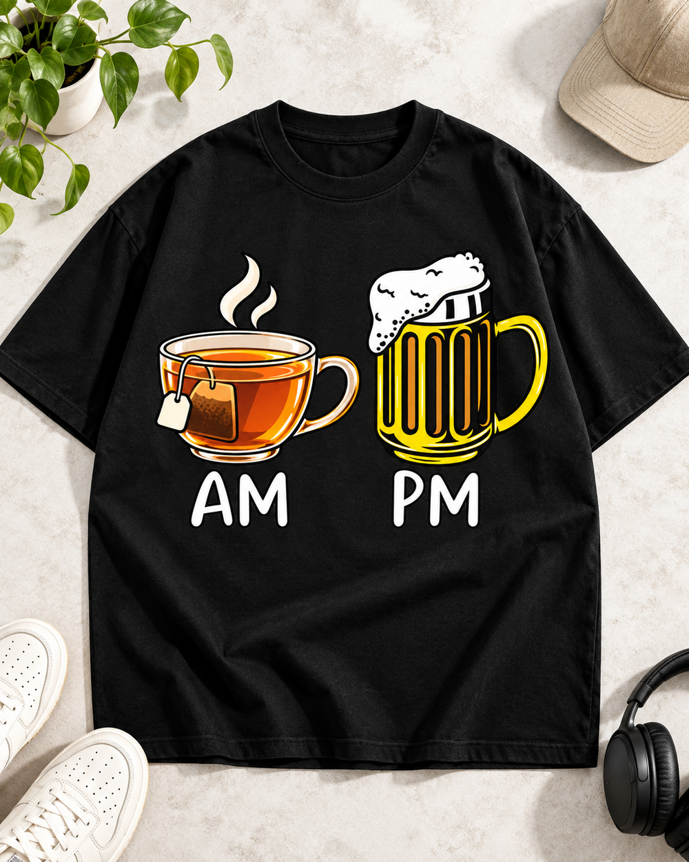 Tea AM Beer PM Humor Oversized Graphic T-Shirt
