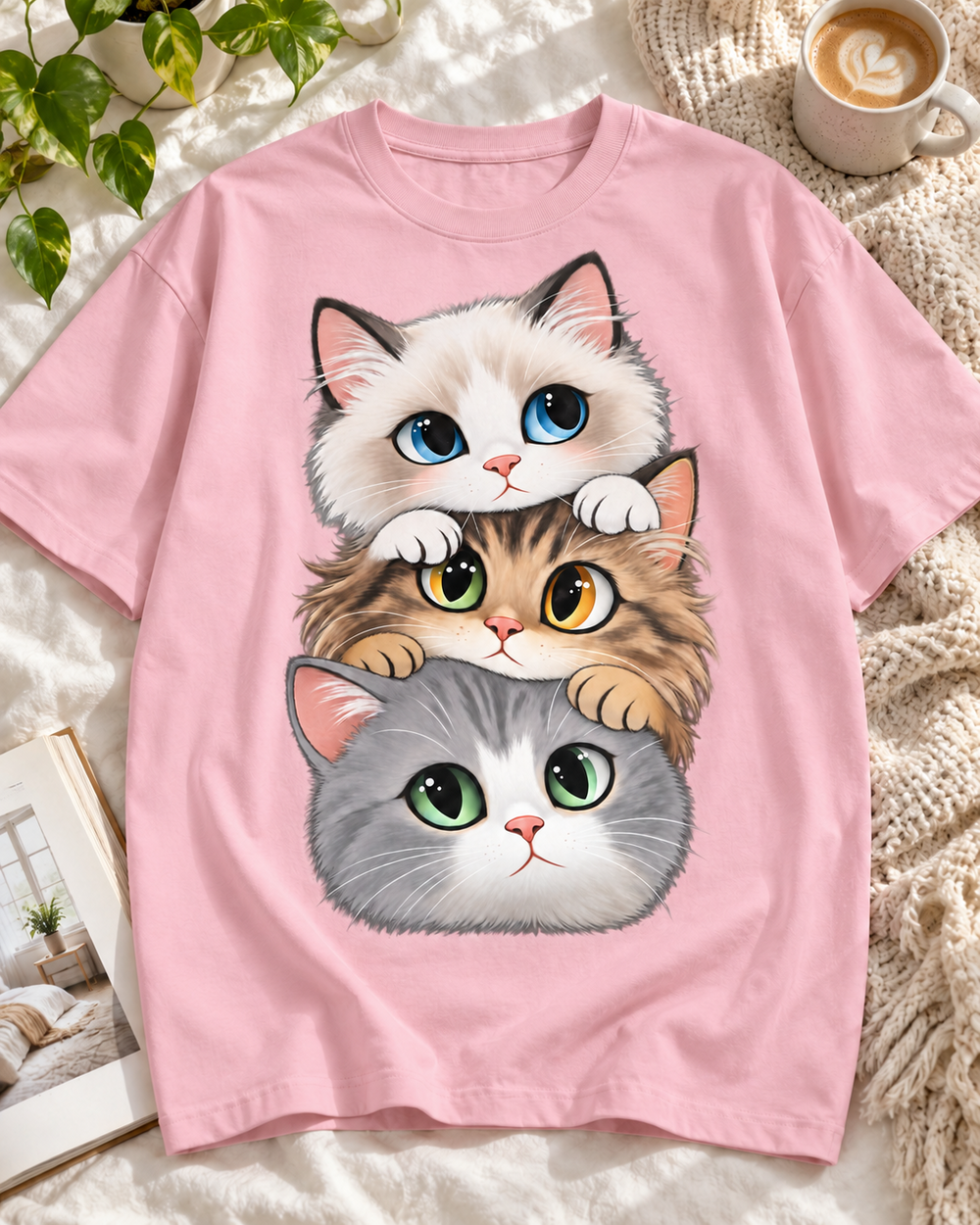 Three Curious Cats Cat Lover Oversized Graphic T-Shirt