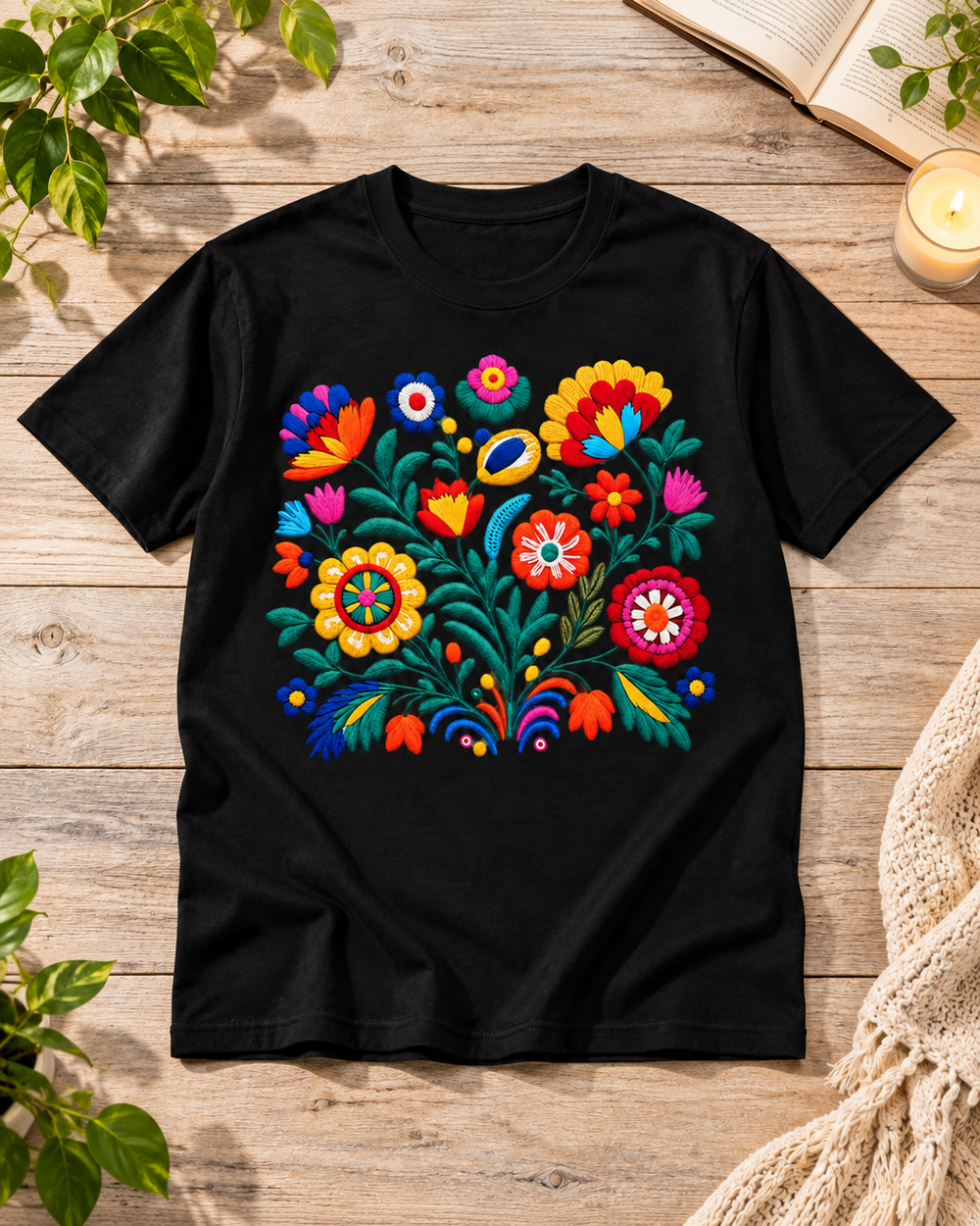 Colourful Folk Florals Regular Fit Graphic T-Shirt