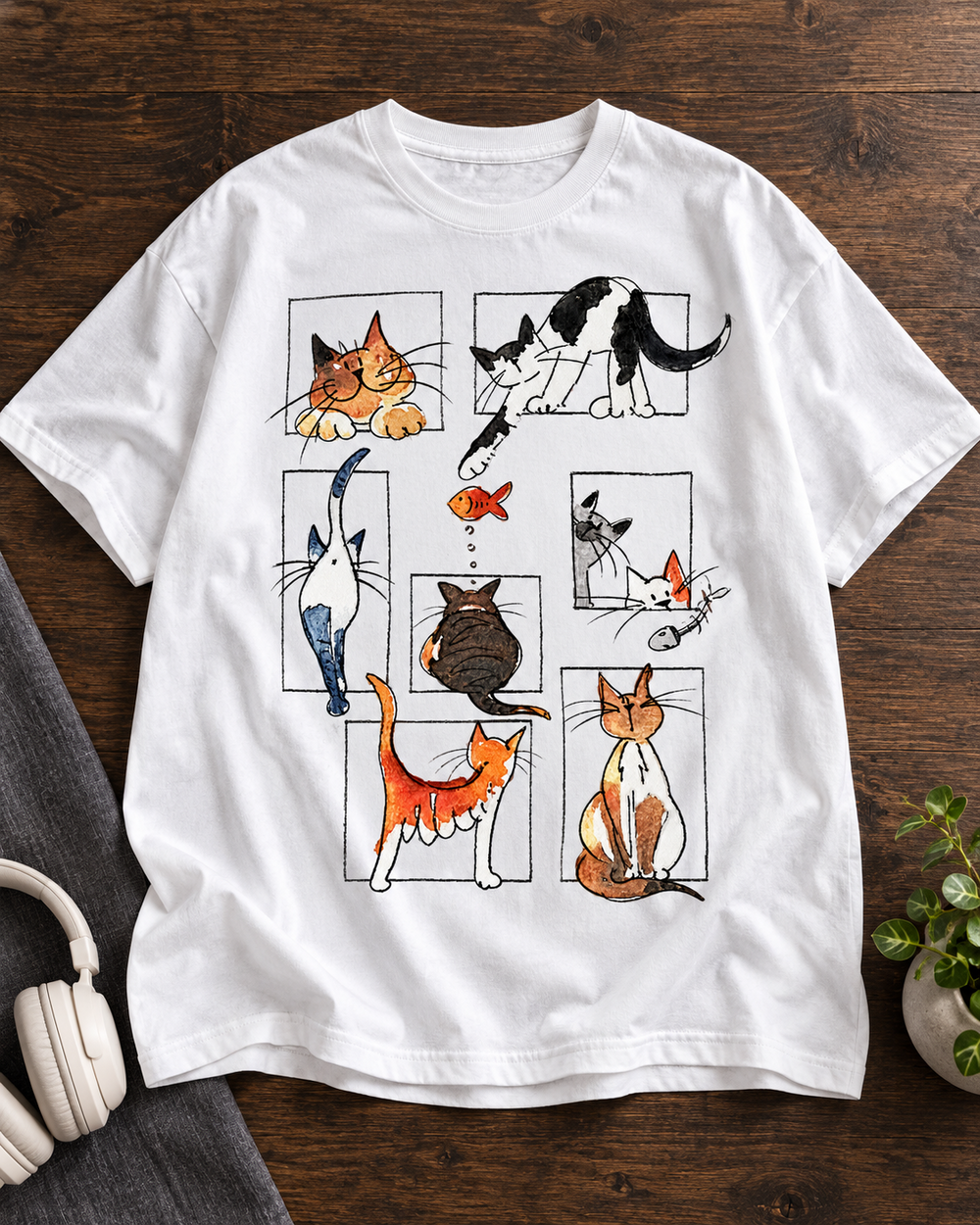 Watercolor Cat Gallery Cat Lover Oversized Graphic T-Shirt