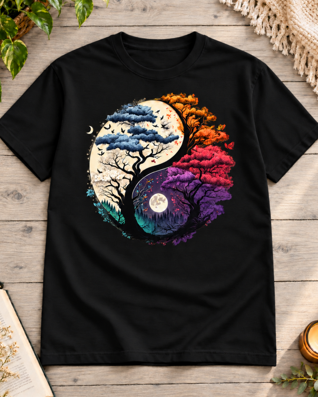 Yin Yang seasons tree black regular fit graphic T-shirt